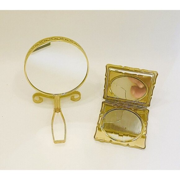 VINTAGE Vanity Mirrors Handheld/ Standing & Ditsy Floral Compact Japan Gold Tone - Picture 4 of 9